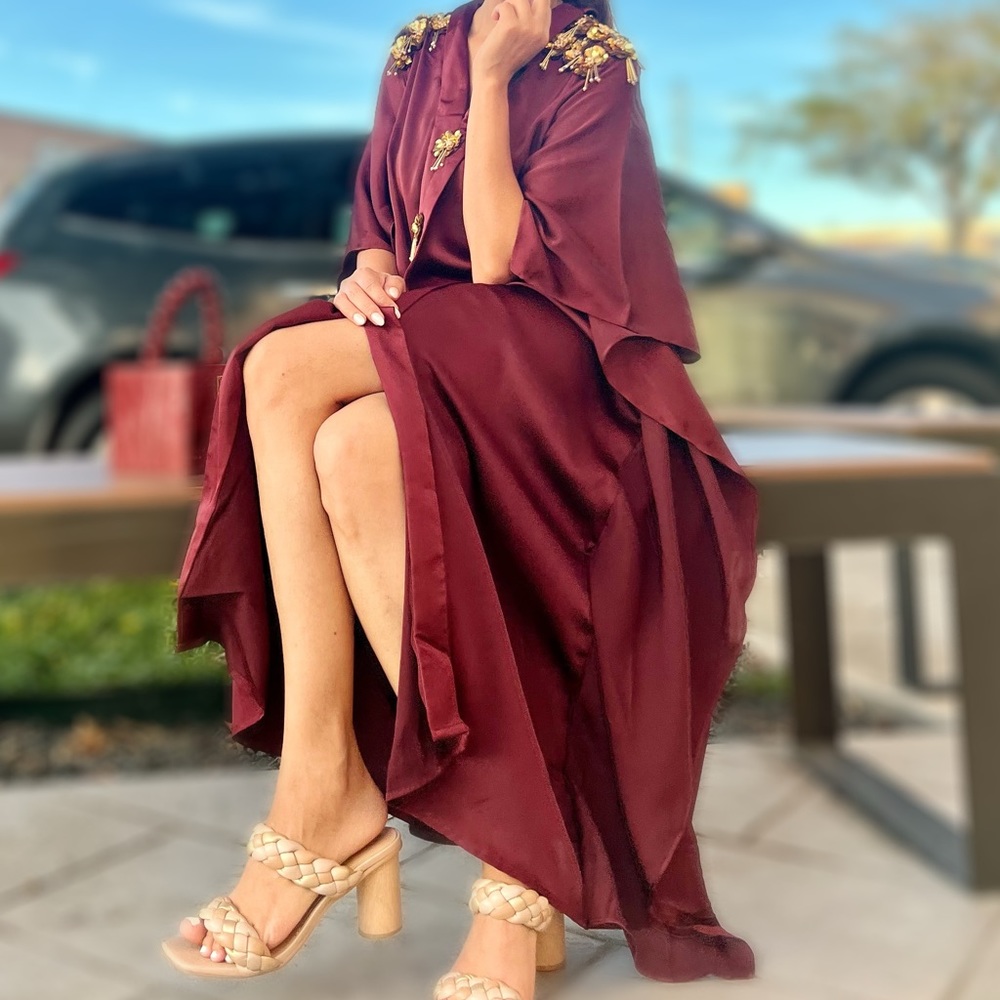 Festive wine dress with gold embroidered work